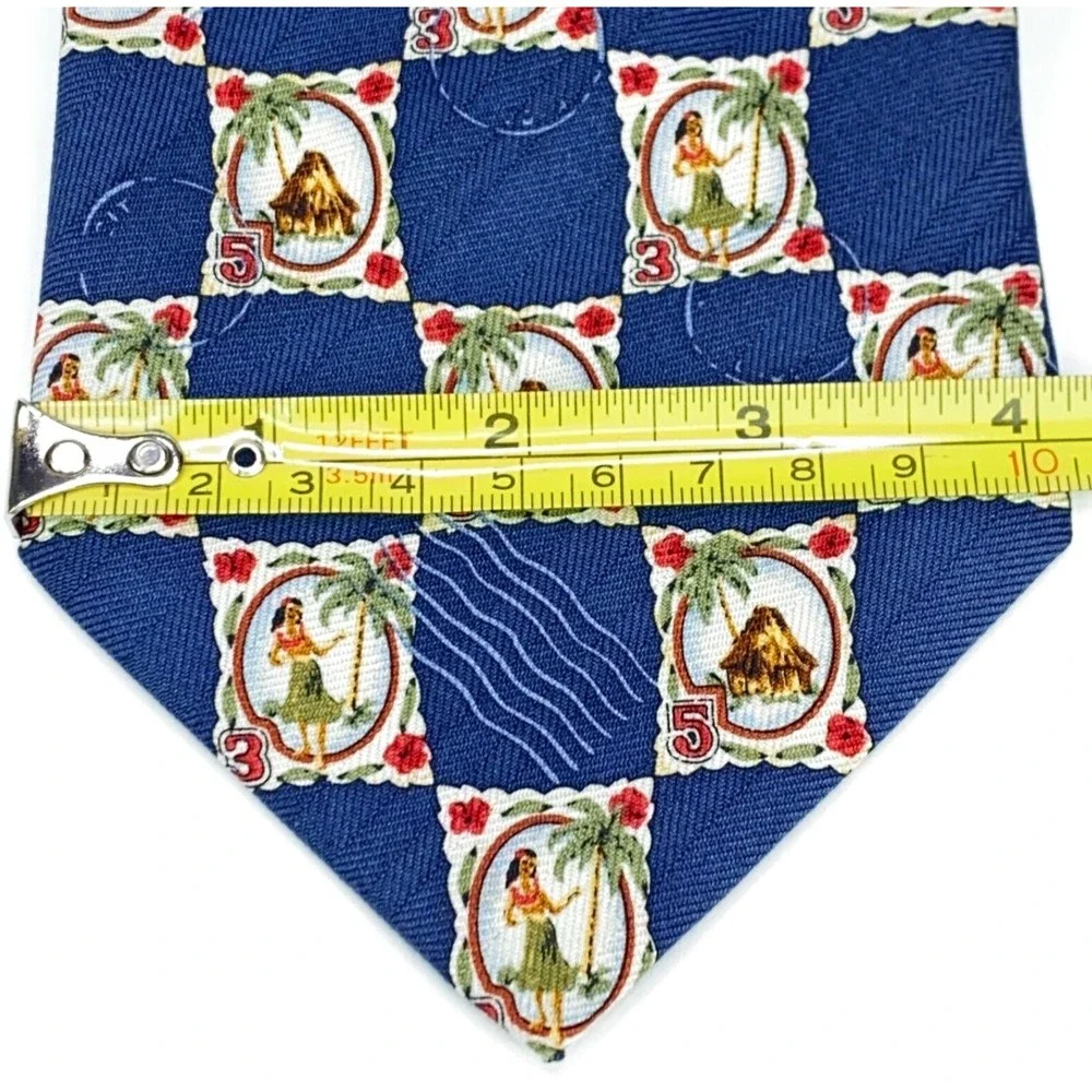 Tommy Bahama Aloha Hawaiian Hula Girl Mail Stamps Tiki Palm Trees Silk Necktie